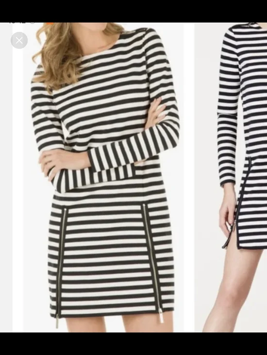 Michael Kors Black and White Striped Long-Sleeve Mini Dress - Picture 2 of 11